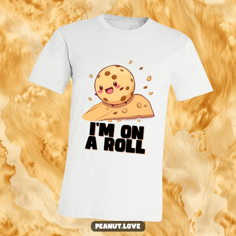 Funny cookie character joyfully rolling down a crumb-filled hill on a humorous t-shirt, ideal for gifting.