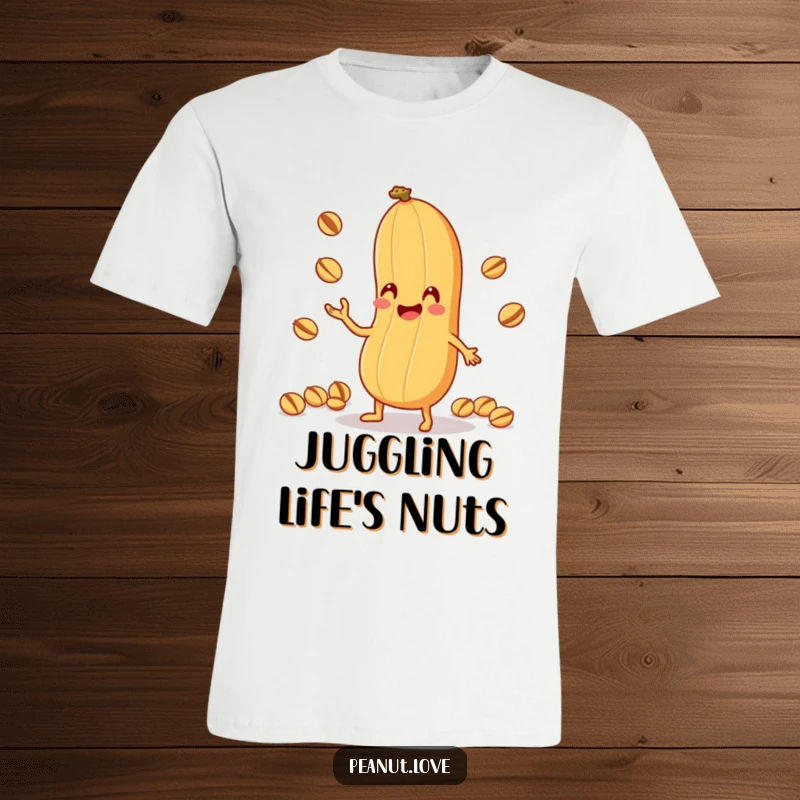 Funny Peanut Juggling T-Shirt: An anthropomorphic peanut character comically juggles tiny nuts with its shell, demonstrating hilarious skill, a great funny gift.