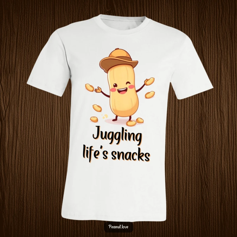 Funny t-shirt showcasing a tiny peanut in a jaunty hat, enthusiastically juggling smaller peanuts with a huge, happy grin.