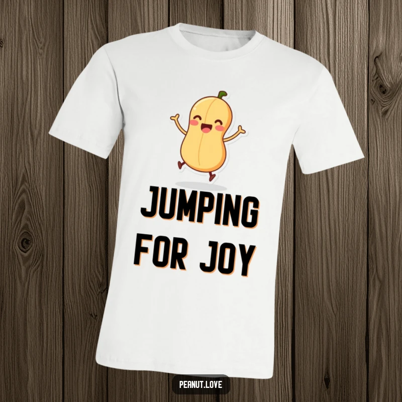 Funny t-shirt featuring an excited peanut with wiggling legs, about to perform a happy little jump.