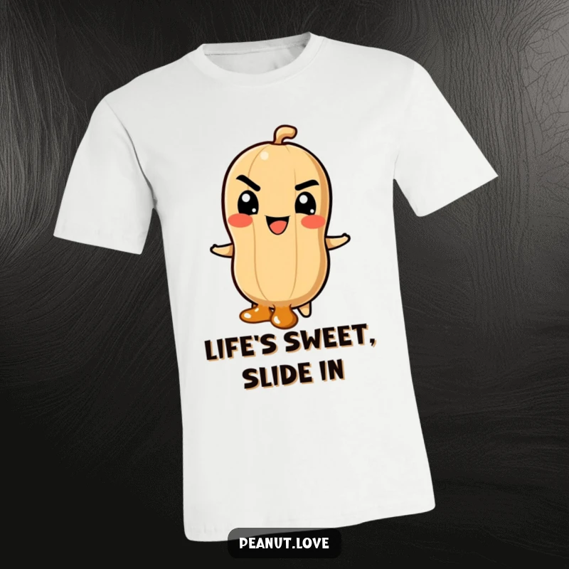 Funny T-Shirt: Peanut Character with Mischievous Grin Sliding Down a Caramel Swirl, Spreading Sweet Adventure