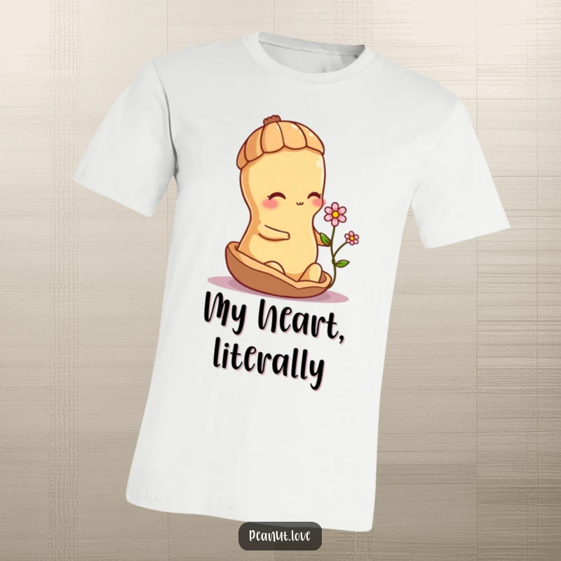Funny shy peanut character offering a delicate flower from its shell, printed on a soft and comfortable t-shirt.