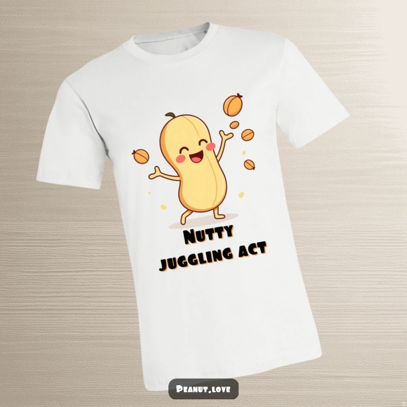 Funny t-shirt featuring a playful peanut character skillfully juggling nuts, embodying nutty fun and pure delight.