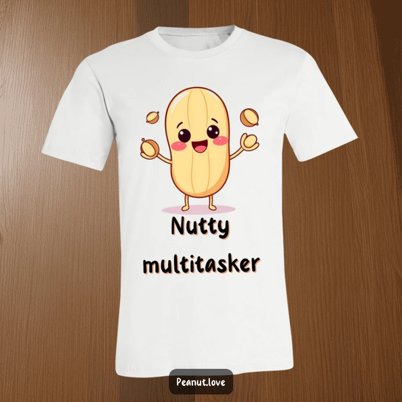 Funny t-shirt with a cute kawaii peanut character grinning widely while juggling three tiny nuts with impressive dexterity.