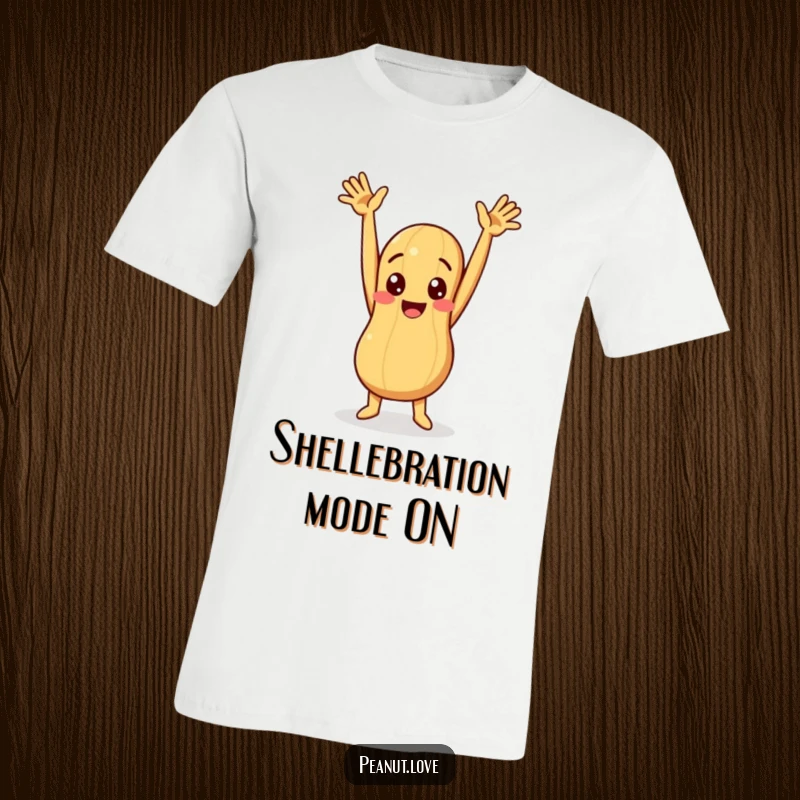 Funny t-shirt showcasing a peanut character with arms enthusiastically raised in a funny, celebratory, and joyful pose.
