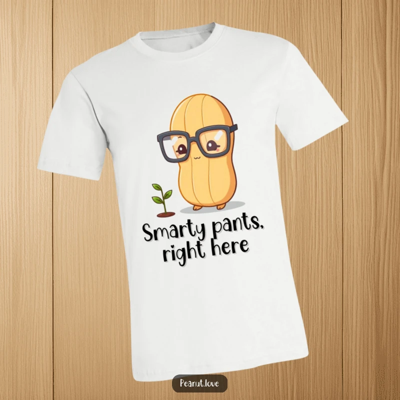 Funny peanut character in glasses thoughtfully looking at a plant sprout, humorous graphic tee for thinkers.