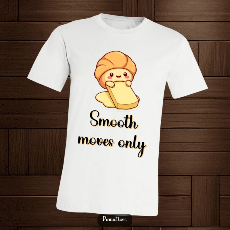 Funny t-shirt featuring a cute croissant character sliding down a butter pat like a slide.