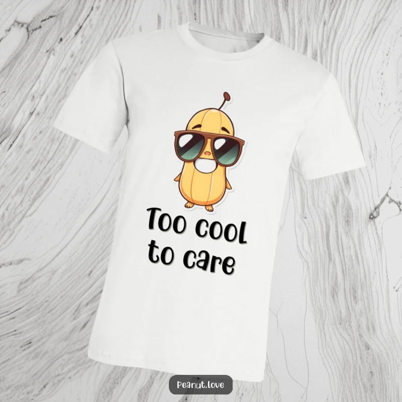 Funny peanut character with a wide grin, sporting oversized sunglasses, printed on a comfortable and stylish t-shirt.