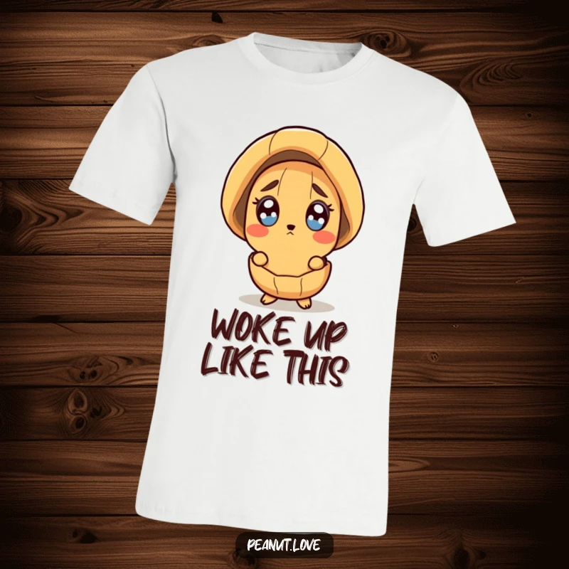Funny t-shirt showing a peanut character peeking from its shell with wide, surprised eyes, its shell slightly open.