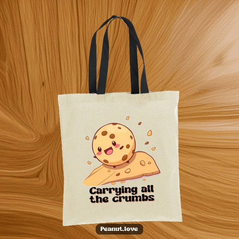 Funny cookie character joyfully rolling down a crumb-filled hill on a humorous tote bag, perfect for shopping.