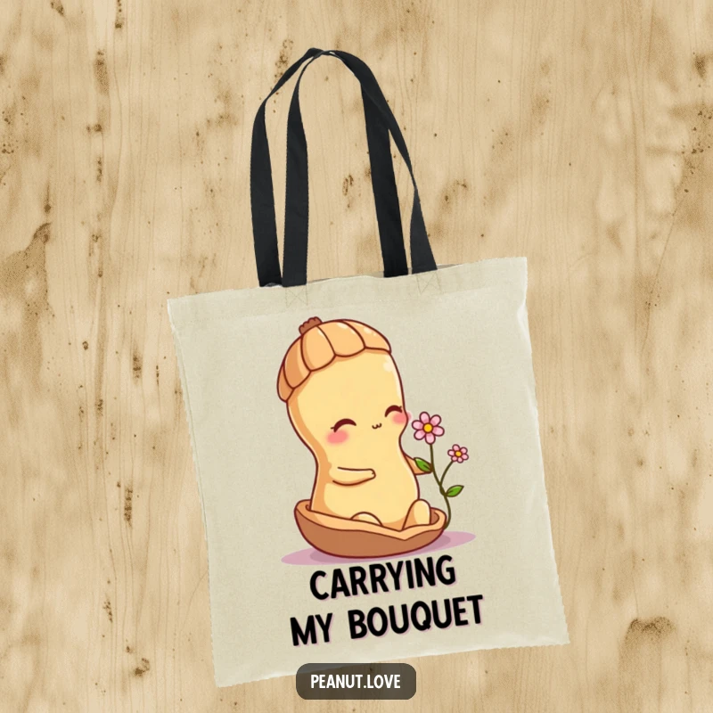 Funny shy peanut character offering a small flower from its shell, printed on a practical and charming tote bag.