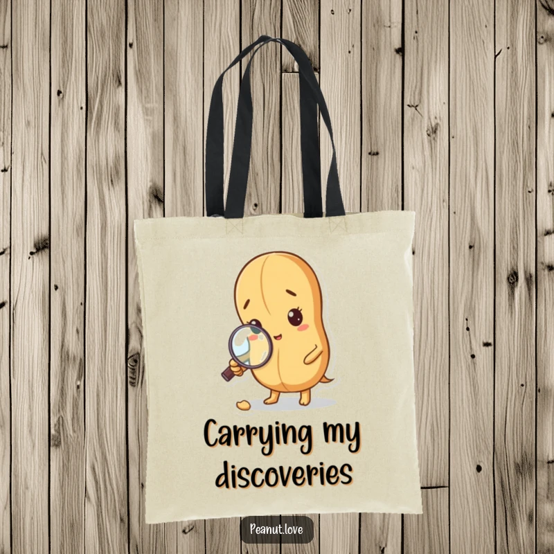 Funny Curious Peanut Tote Bag: A peanut with a magnifying glass inspects a crumb. Detective accessory, useful funny gift.