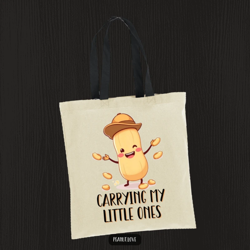 Funny tote bag with a tiny peanut in a jaunty hat, juggling smaller peanuts with a wide, cheerful grin.