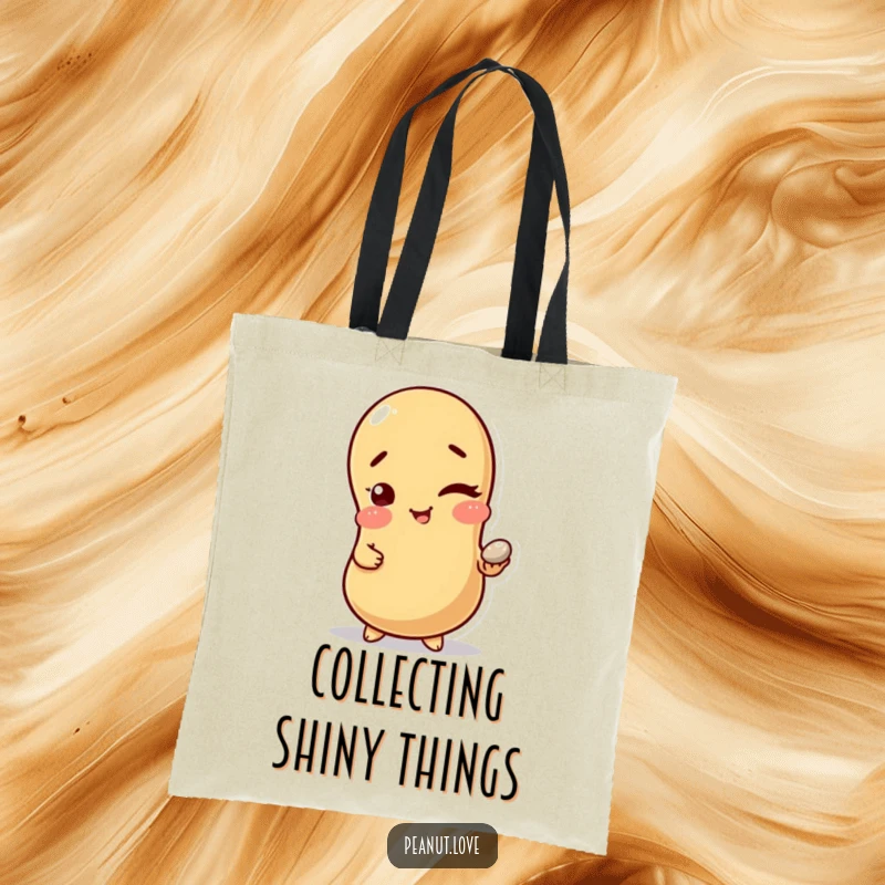 Funny Witty Peanut Tote Bag: A peanut character winking and holding a shiny pebble, perfect for a funny, secretive, and practical carry-all.