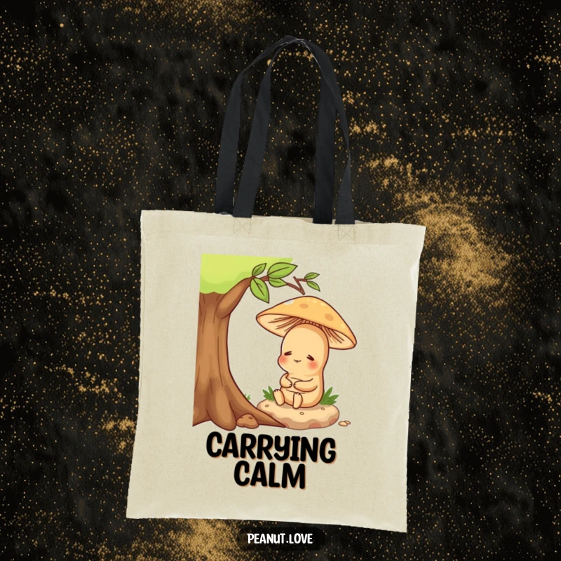 Funny tote bag featuring a happy peanut character sitting peacefully under a mushroom, symbolizing serenity.