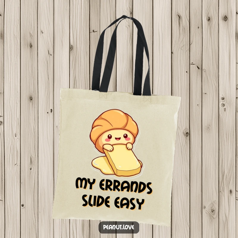 Funny tote bag of a cute croissant character sliding down a butter pat.