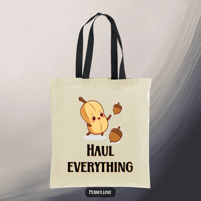 Funny tote bag featuring a determined kawaii peanut reaching for a falling acorn, symbolizing ambition and humor.