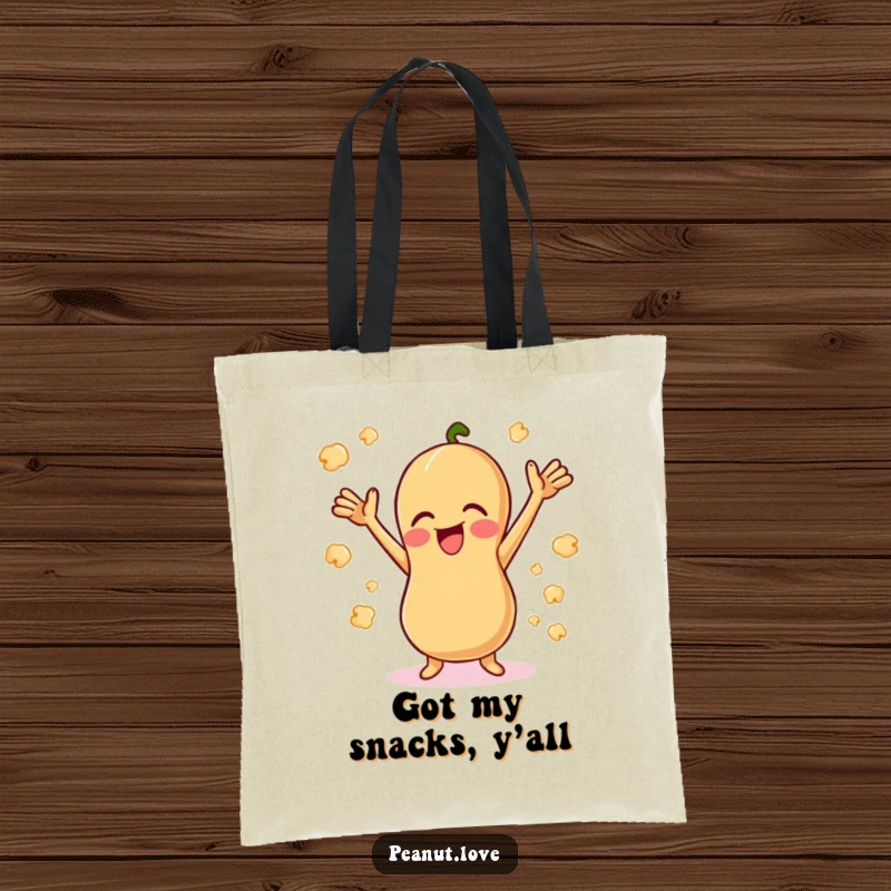 Funny Giggling Peanut Tote Bag: A happy peanut giggling with arms up, amid popcorn. A stylish and funny gift.