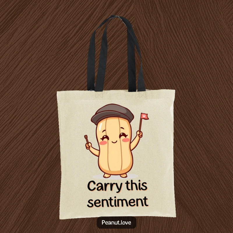 Funny tote bag featuring a peanut character blushing and waving a small flag, a cheerful and practical accessory.