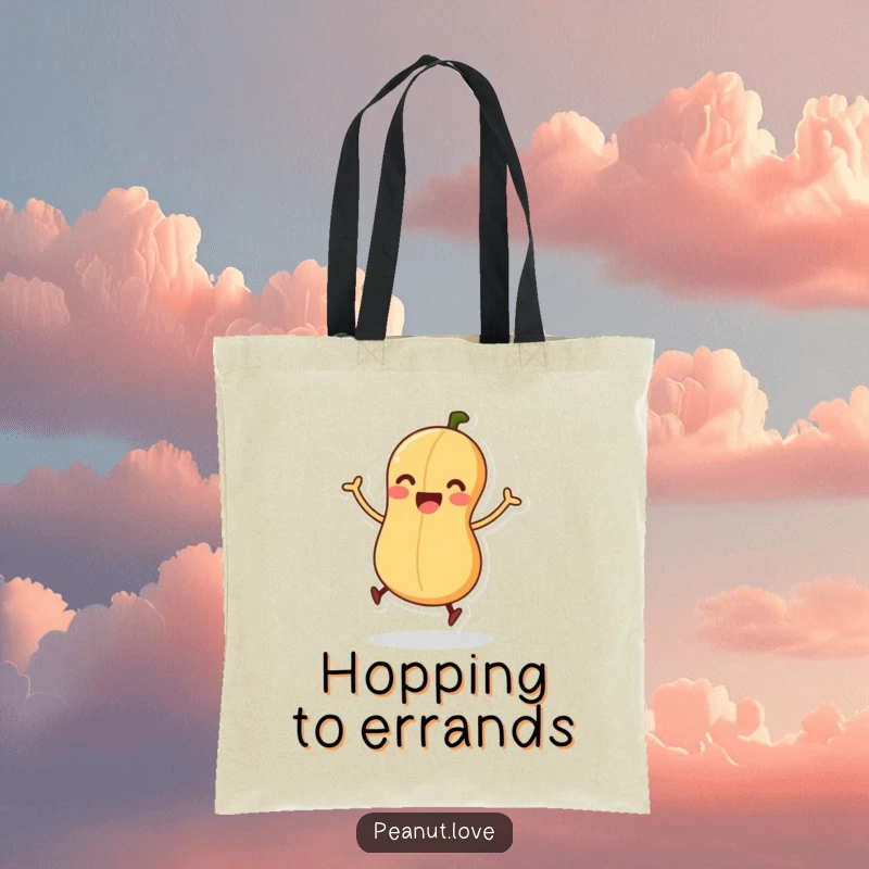 Funny tote bag showing an excited peanut character with wiggling legs, about to jump, great for shoppers.