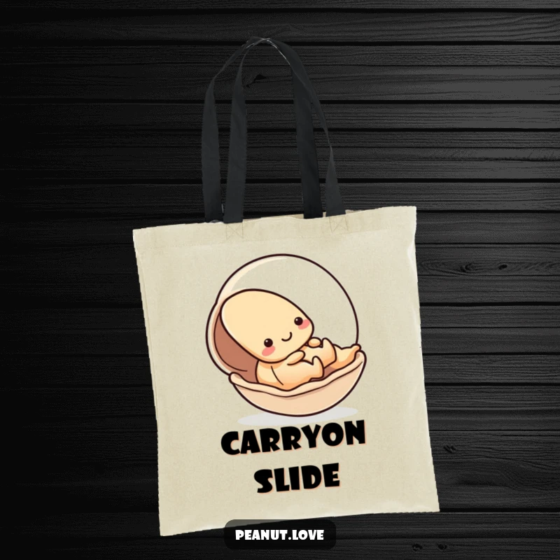 Funny tote bag showing a kawaii peanut character playfully sliding down a smooth shell, perfect for carrying essentials with style; a gift.