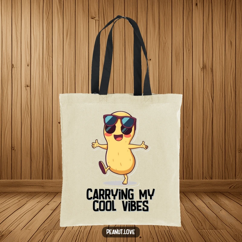 Funny tote bag showcasing a cool peanut performing a cartwheel, wearing sunglasses and smiling, ideal for carrying essentials with a dose of humor.