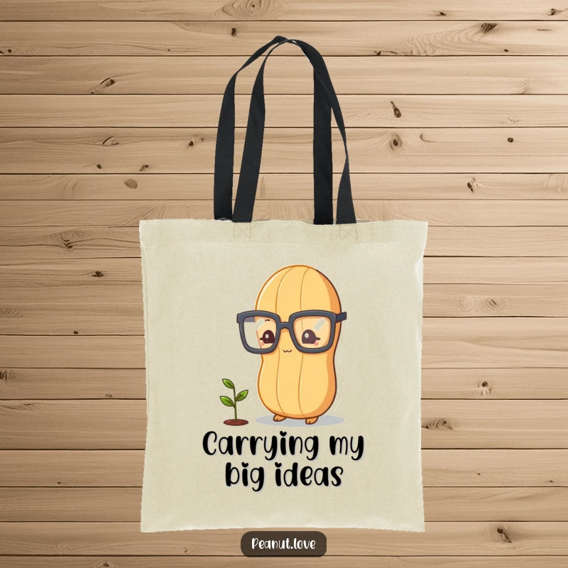 Funny peanut character with glasses, observing a sprouting plant, humorous tote bag for gardeners and thinkers.