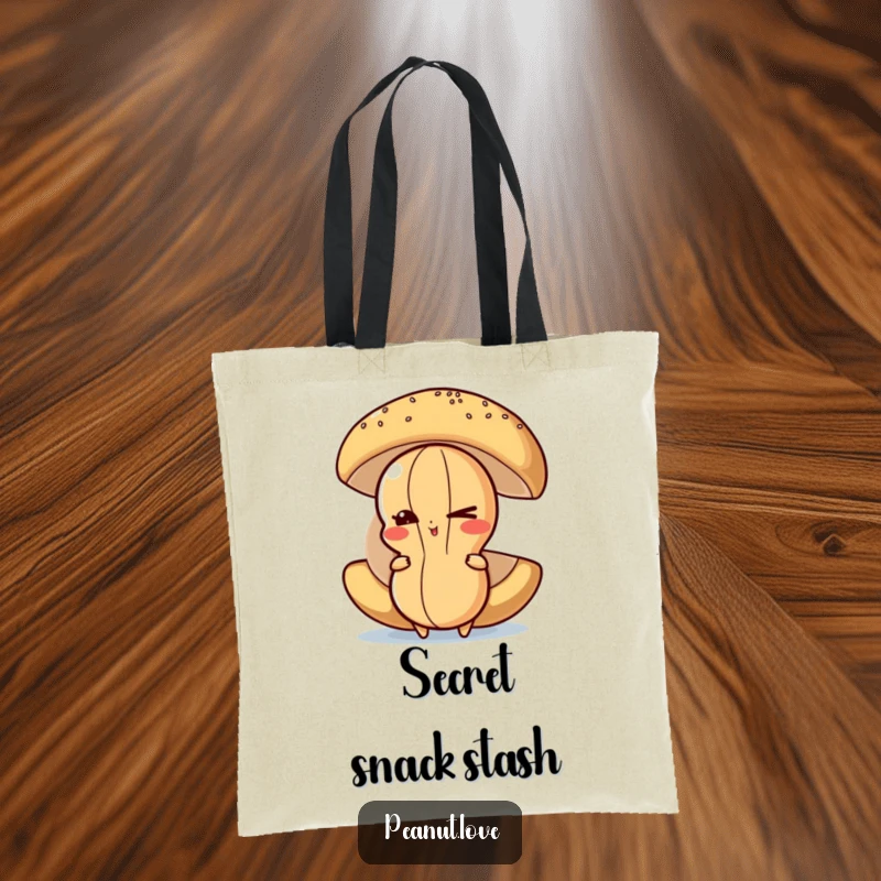Funny Peanut Tote Bag: A playful peanut character winks from behind a large food item, perfect for carrying your goodies.