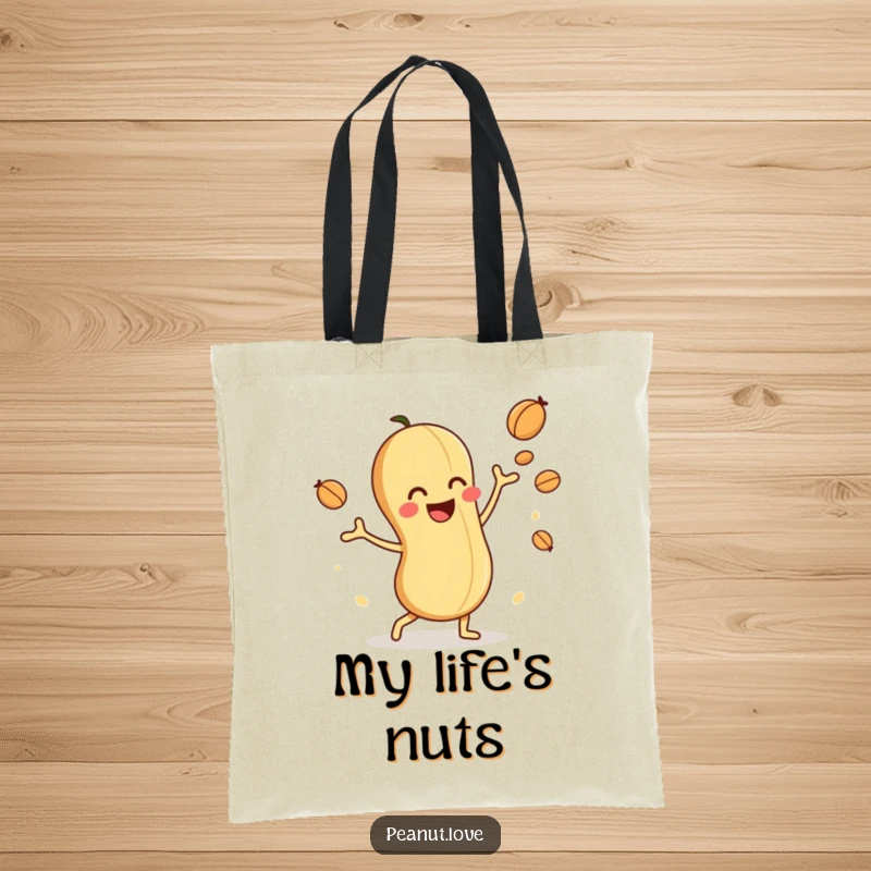 Funny tote bag with a playful peanut character juggling nuts, perfect for carrying essentials with nutty style.