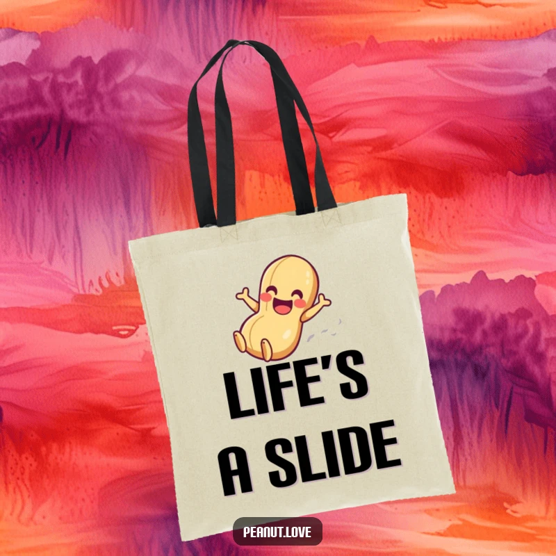 Funny tote bag with a gleeful peanut character sliding down a smooth surface, symbolizing effortless movement and fun.
