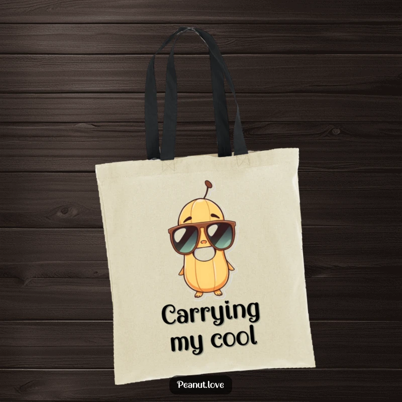 Funny peanut character with a wide, grinning smile and cool sunglasses, printed on a durable and fashionable tote bag.