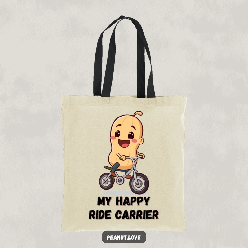 Funny tote bag showcasing a grinning peanut character skillfully riding a miniature unicycle, perfect for carrying items with a side of humorous balance.