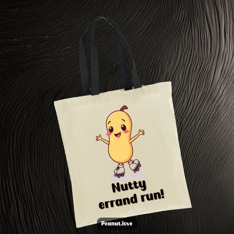 Funny smiling peanut character tote bag, depicted spinning on small roller skates.