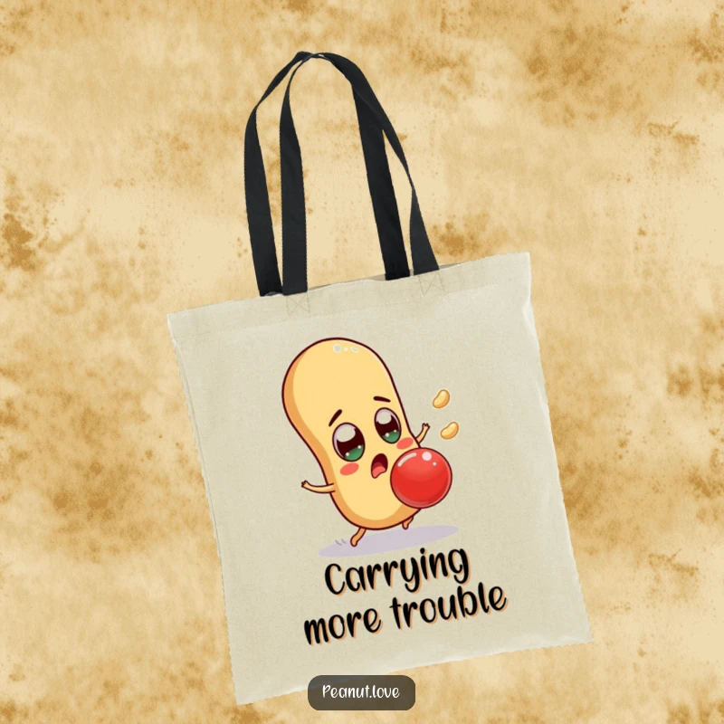Funny surprised peanut tote bag showing a character comically dodging a falling jelly bean, great for shopping, a funny gift.