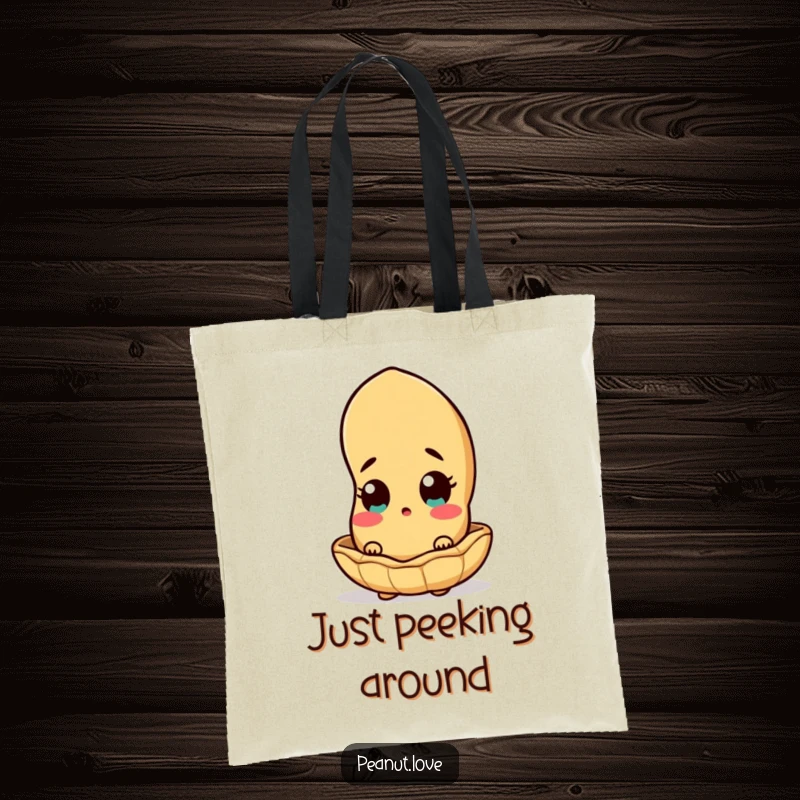 Funny peanut character peeking out from its shell, on a durable tote bag, conveying a sense of mild shock.