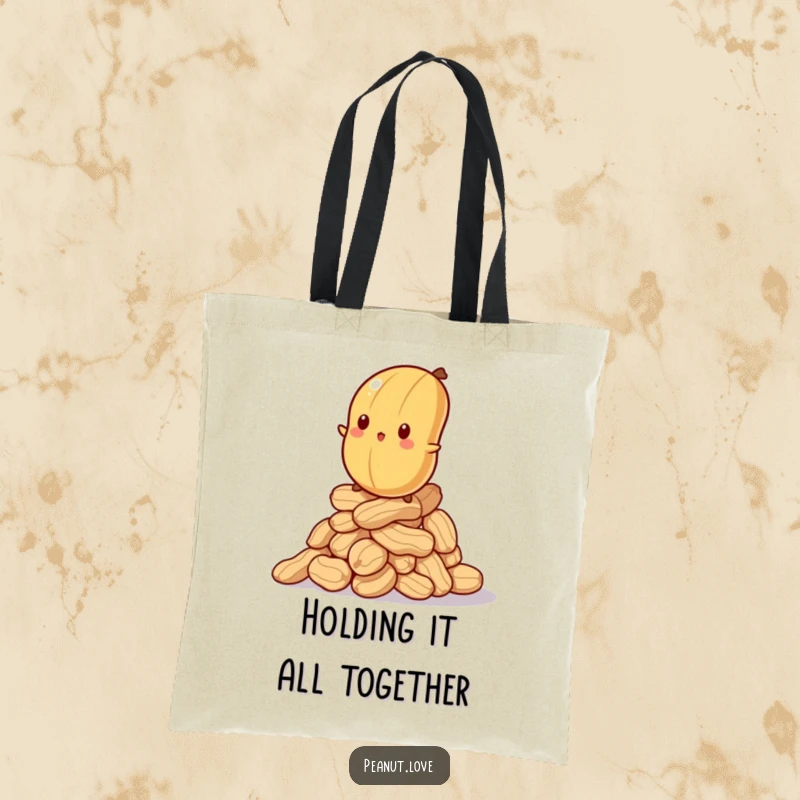 Funny tote bag with a bewildered peanut attempting to balance on a wobbly stack of peanuts, showcasing a humorous struggle.