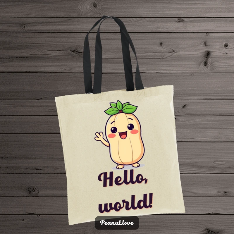 Funny canvas tote bag depicting a smiling Kawaii peanut character waving hello, perfect for shopping and everyday use.