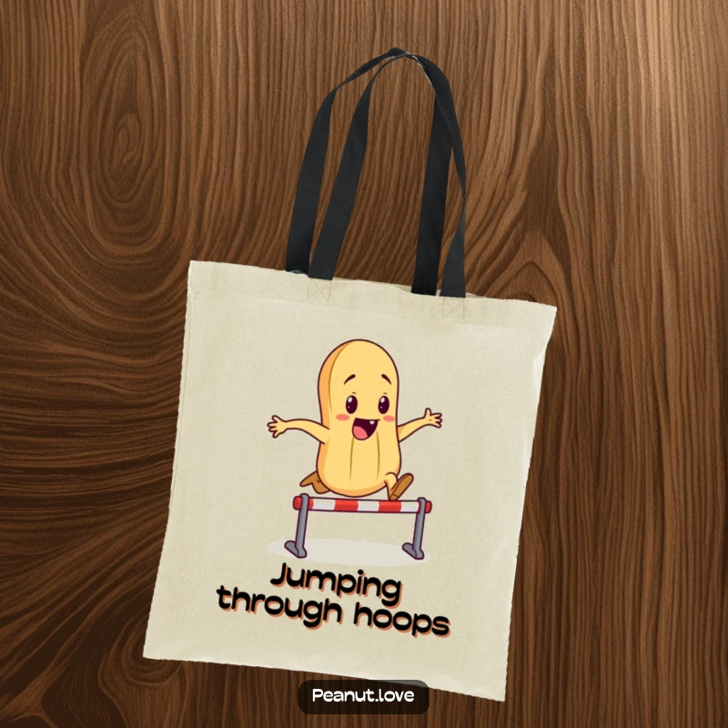Funny tote bag with a determined peanut character energetically jumping over a small hurdle, ready for adventure and laughs.