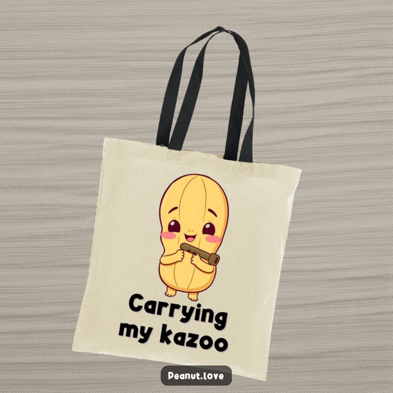 Funny Tote Bag: Peanut Character with Wide Smile Playing a Tiny Kazoo, Ideal for Musical Outings