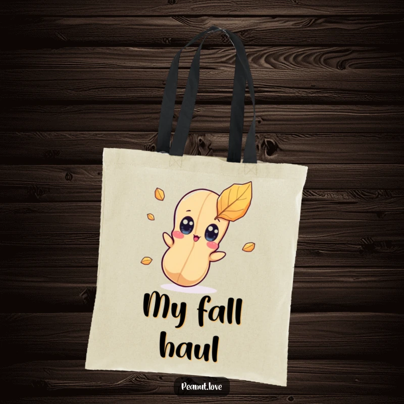 Funny kawaii peanut character tote bag featuring wide eyes looking surprised by a falling leaf, perfect for autumn outings.