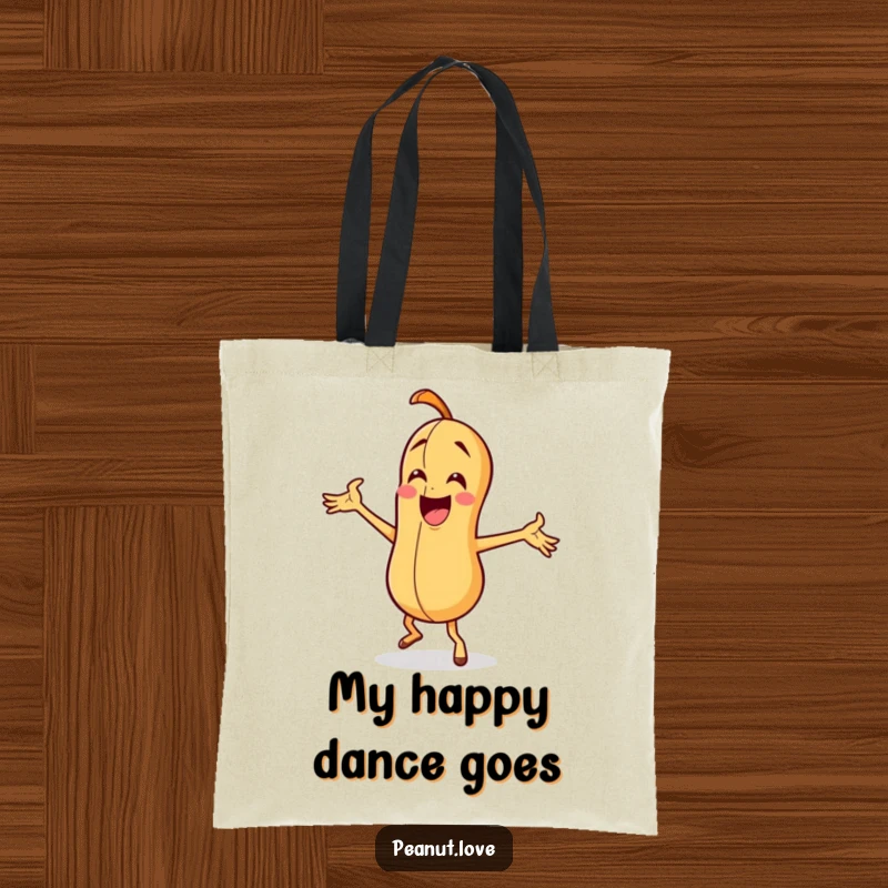 Funny peanut character performing a silly dance with exaggerated arm movements, printed on a durable and fun tote bag.