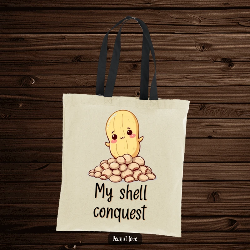 Funny canvas tote bag featuring a determined Kawaii peanut character climbing shells, ideal for carrying essentials and inspiration.