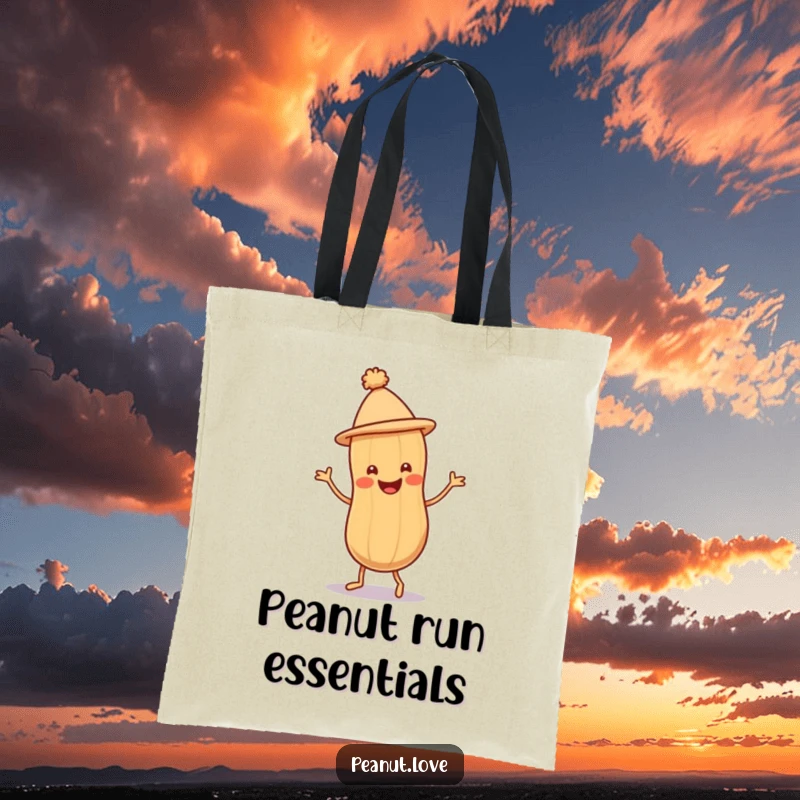 Funny Peanut Jig Tote Bag with a smiling peanut character in a tiny hat doing a joyful jig, great for shopping.