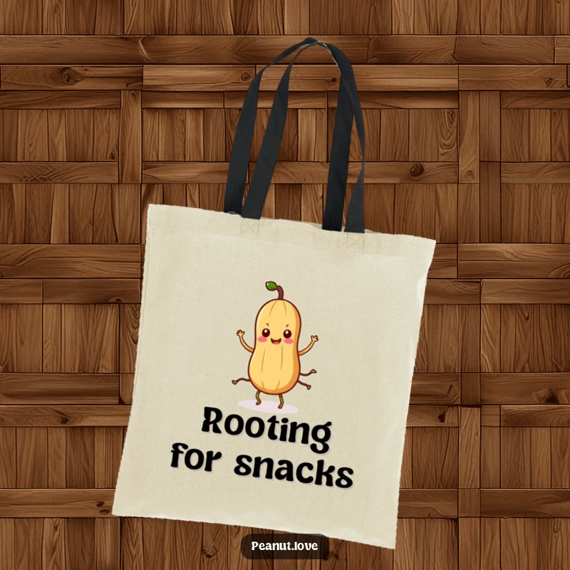 Funny Kawaii peanut tote bag showcasing a dancing character with root legs, perfect for stylish, humorous carrying.