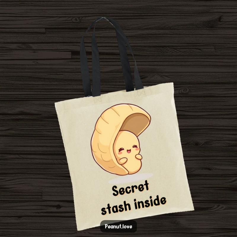 Funny tote bag with a shy peanut peeking from behind a giant peanut shell, caught in a delightful giggle.