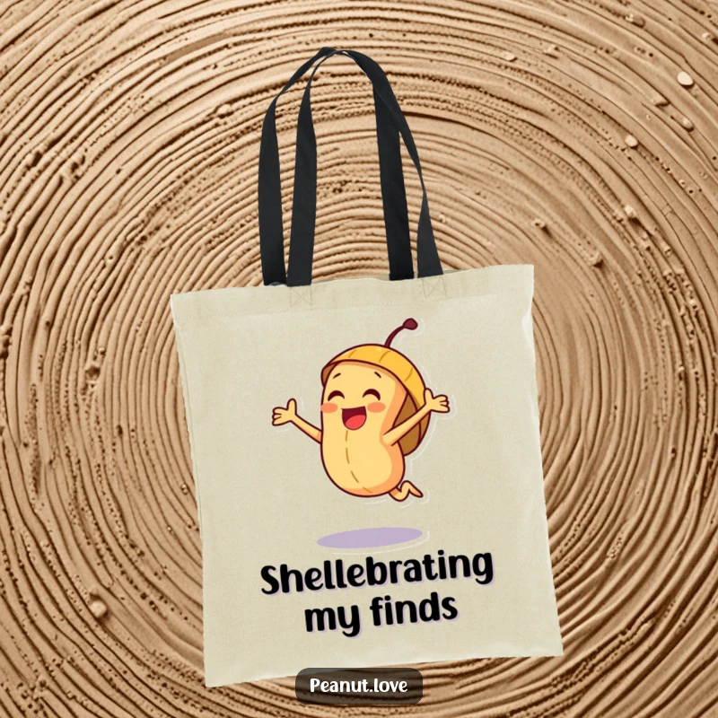 Funny joyful peanut character tote bag illustration, in a shell, jumping with pure excitement and happy energy.