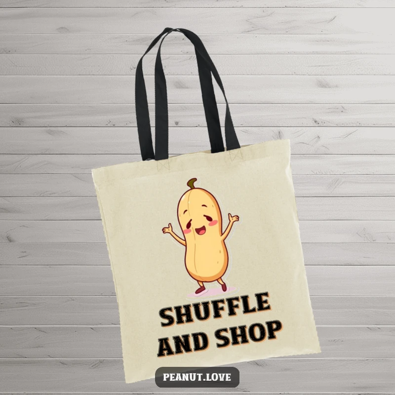 Funny tote bag featuring a cute peanut character in a dynamic pose, performing a silly dance.