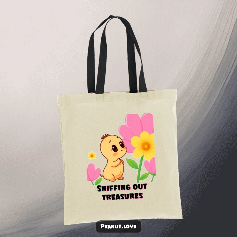 Funny Peanut Tote Bag: A curious peanut character is shown sniffing a colorful flower, perfect for carrying your gardening tools or finds.